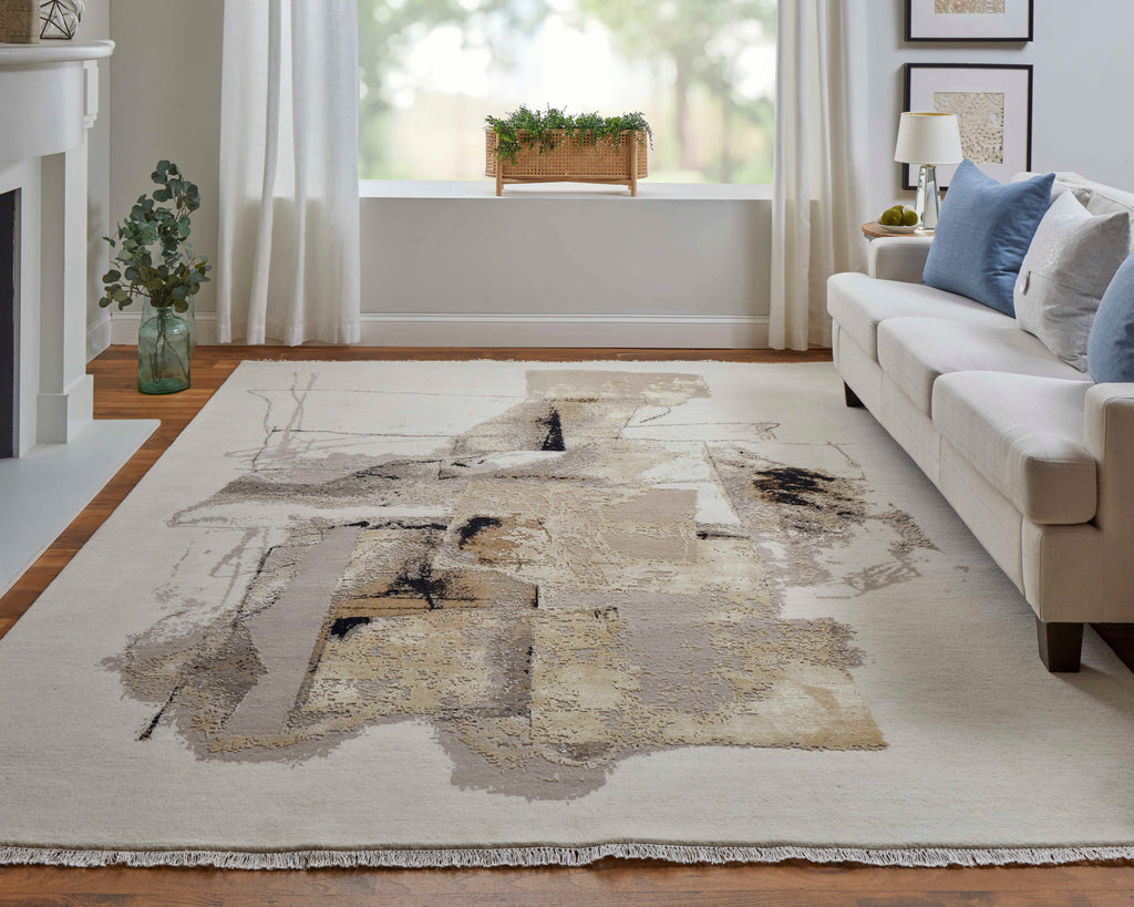 Skylar Modern Abstract Ivory Tan Taupe Area Rug (11'6" x 15')