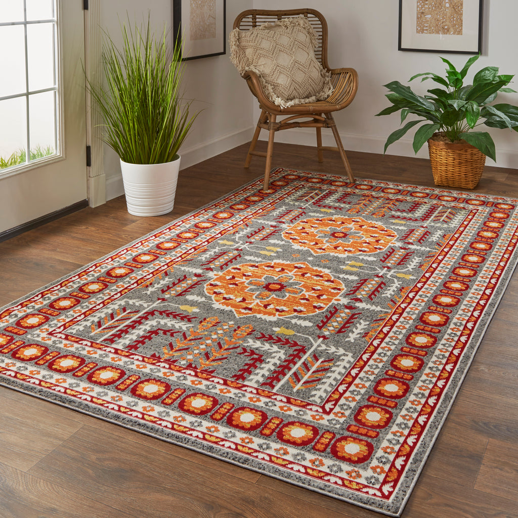 Foster Transitional Medallion Orange Gray Area Rug (5' x 8')