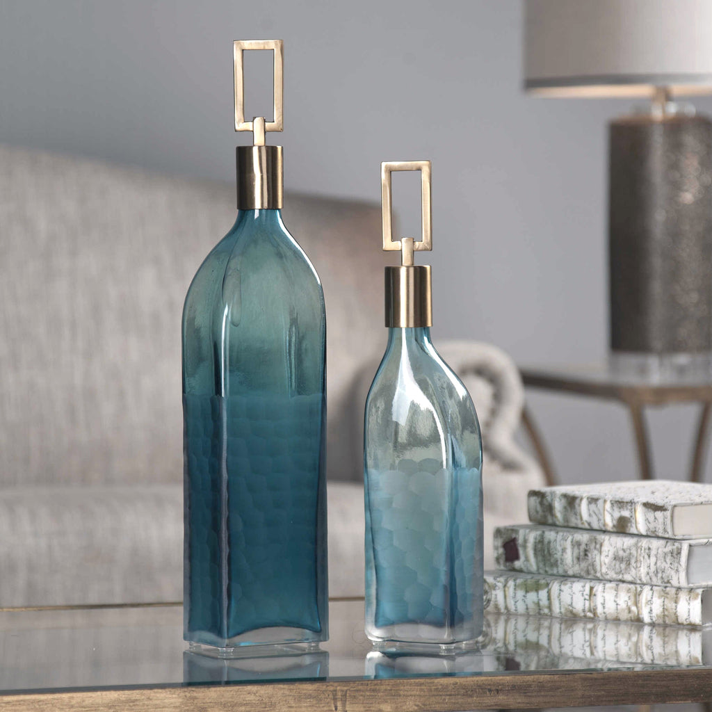 Annabella Teal Glass Bottles, Set of 2