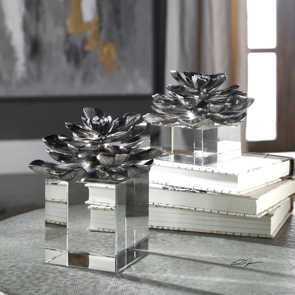 Indian Lotus Metallic Silver Flowers Set of 2