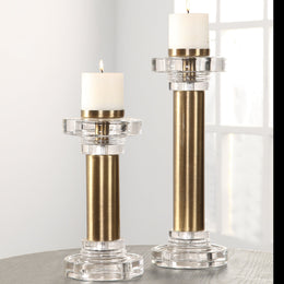 Leslie Brushed Brass Candleholders, Set of 2