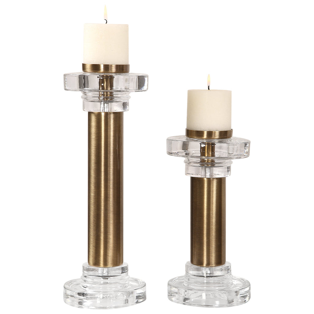 Leslie Brushed Brass Candleholders, Set of 2