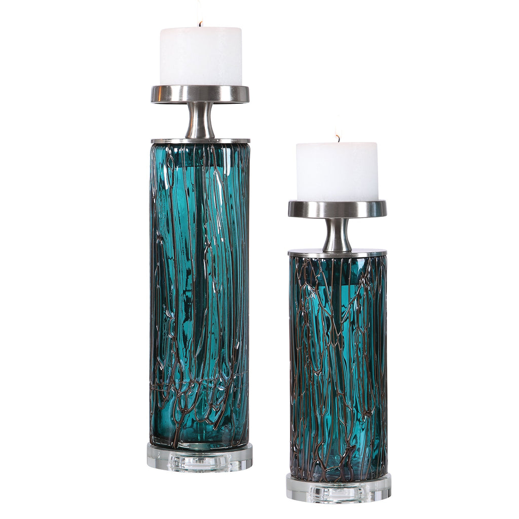 Almanzora Teal Glass Candleholders Set of 2