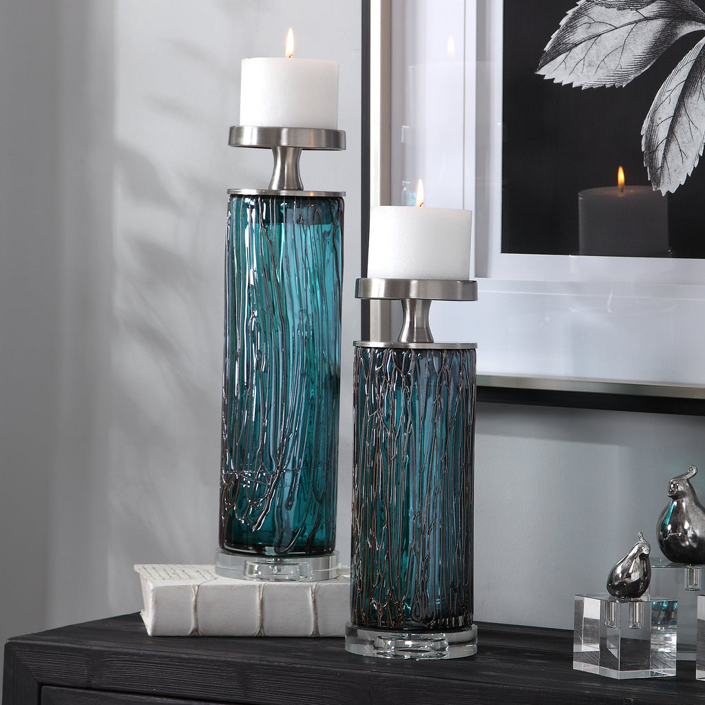 Almanzora Teal Glass Candleholders Set of 2