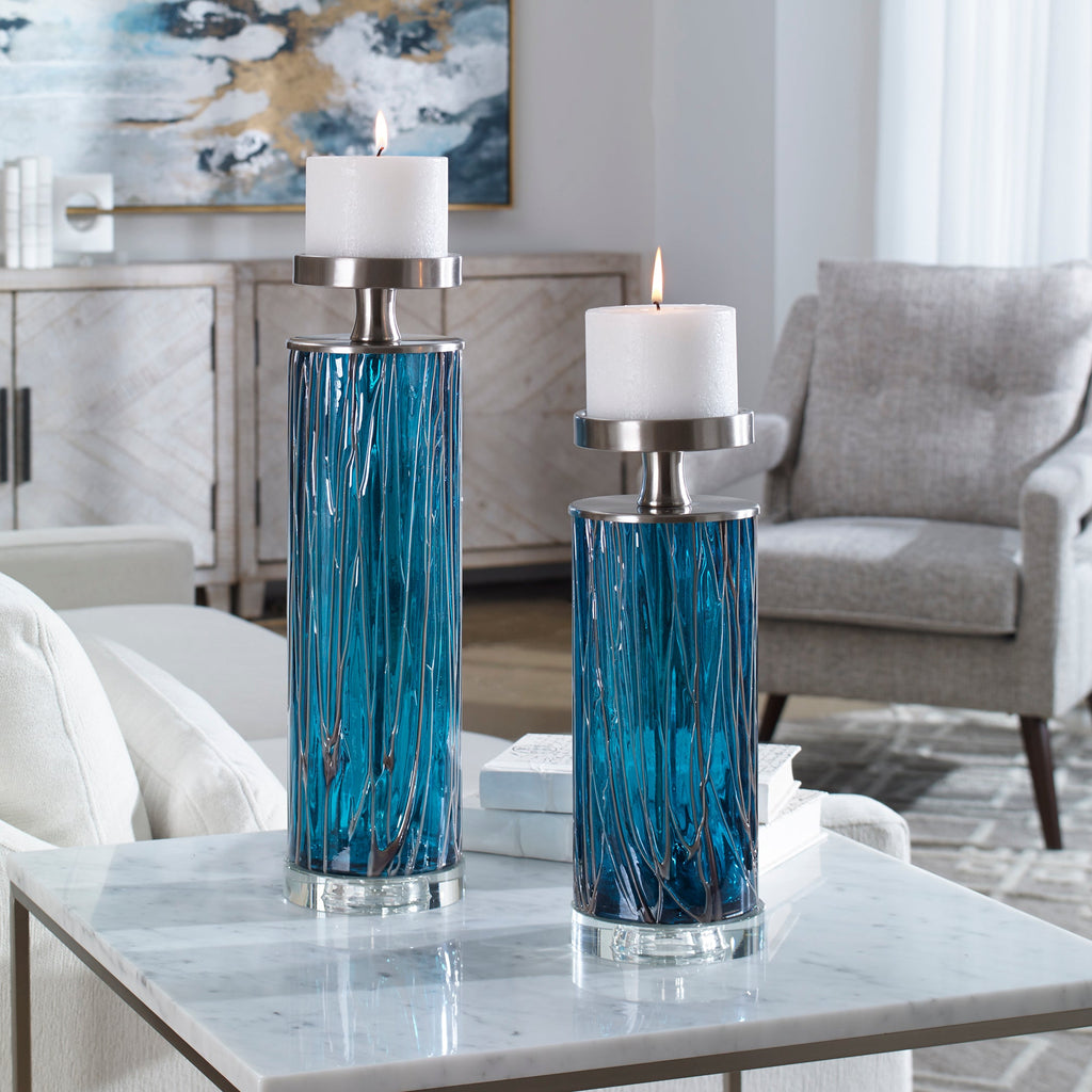 Almanzora Teal Glass Candleholders Set of 2