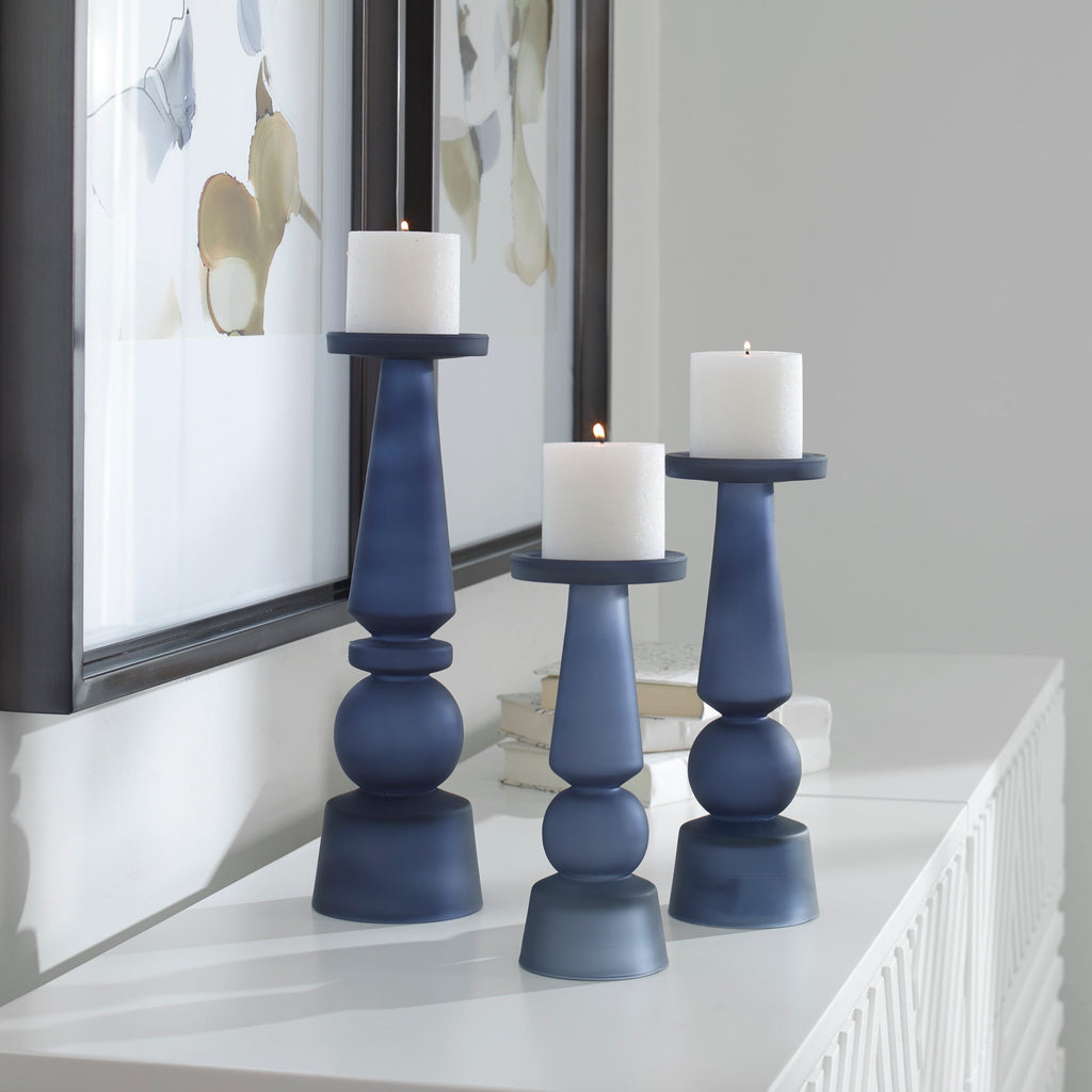 Cassiopeia Blue Glass Candleholders, Set of 3