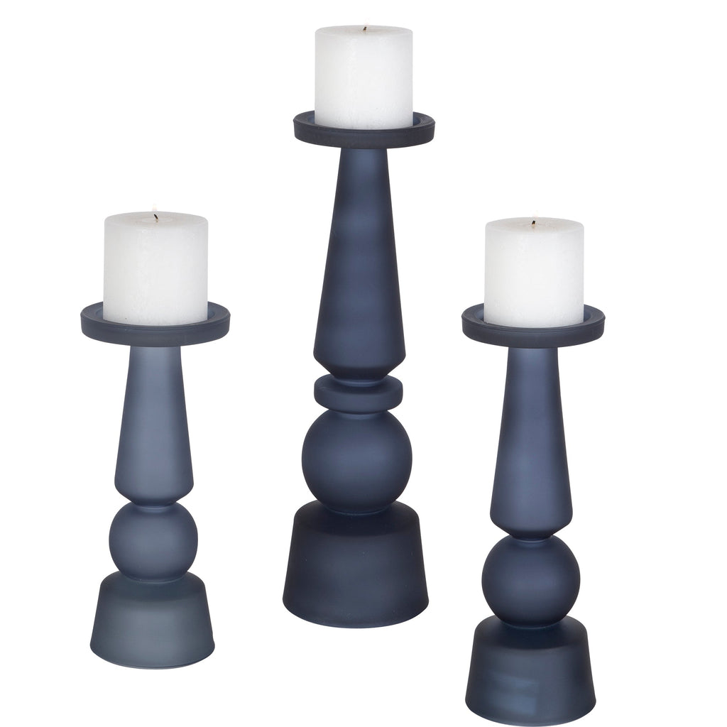 Cassiopeia Blue Glass Candleholders, Set of 3