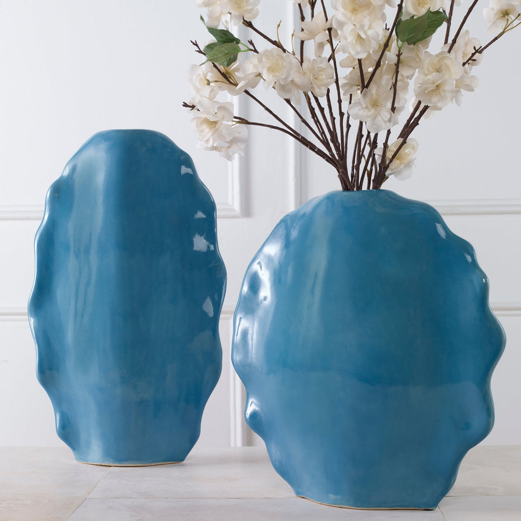 Ruffled Feathers Blue Vases,Set of 2