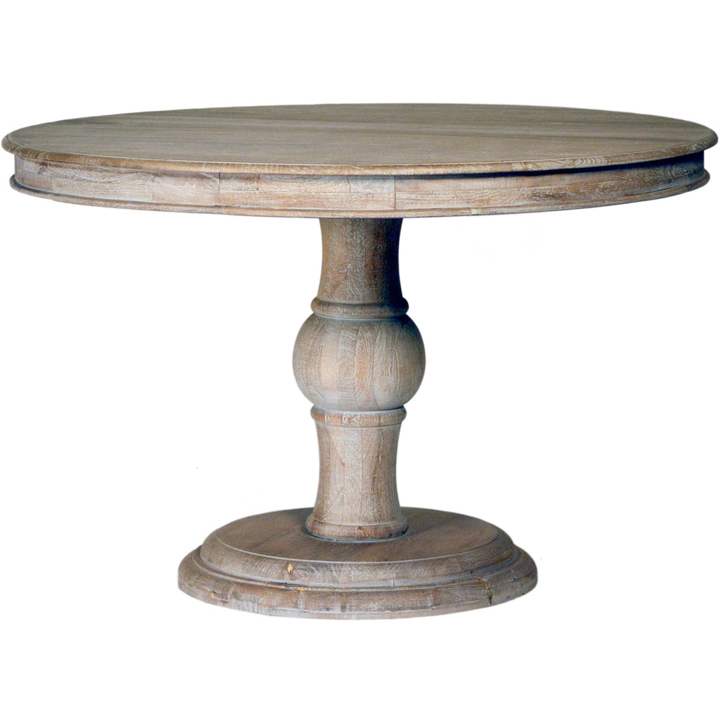 Jersey 47" Round Mango Wood Hand Carved Pedestal Light Wash Finish Dining Table