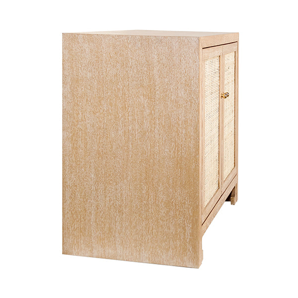 Two Door Cane Cabinet With Brass Hardware In Cerused Oak