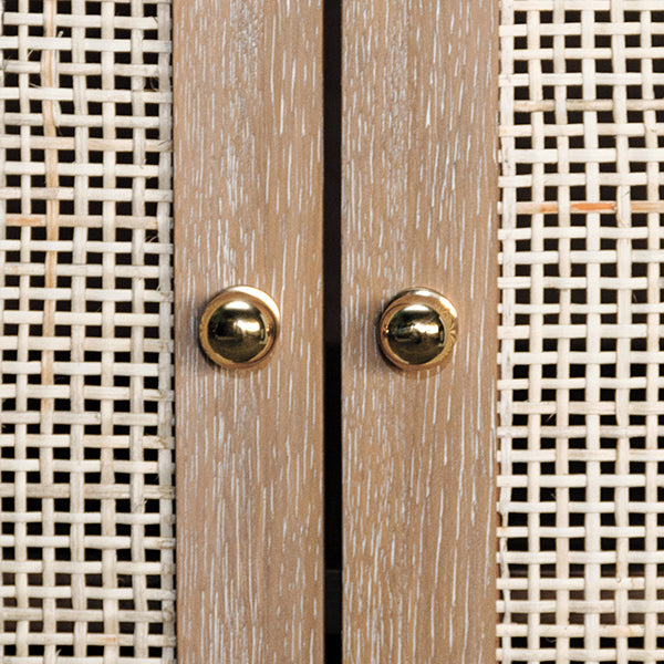 Two Door Cane Cabinet With Brass Hardware In Cerused Oak