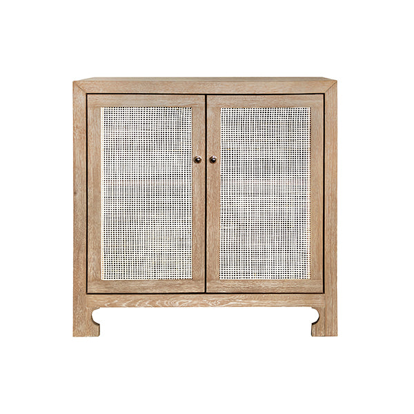 Two Door Cane Cabinet With Brass Hardware In Cerused Oak