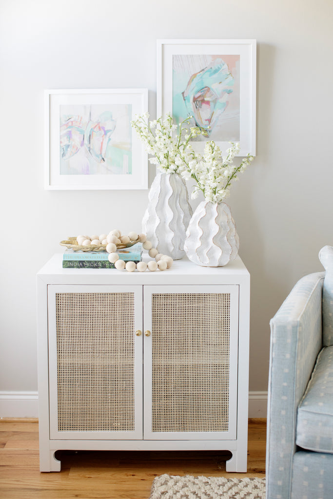 Cane Cabinet With Brass Hardware In White Lacquer