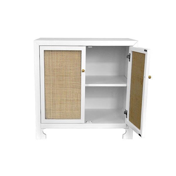 Cane Cabinet With Brass Hardware In White Lacquer