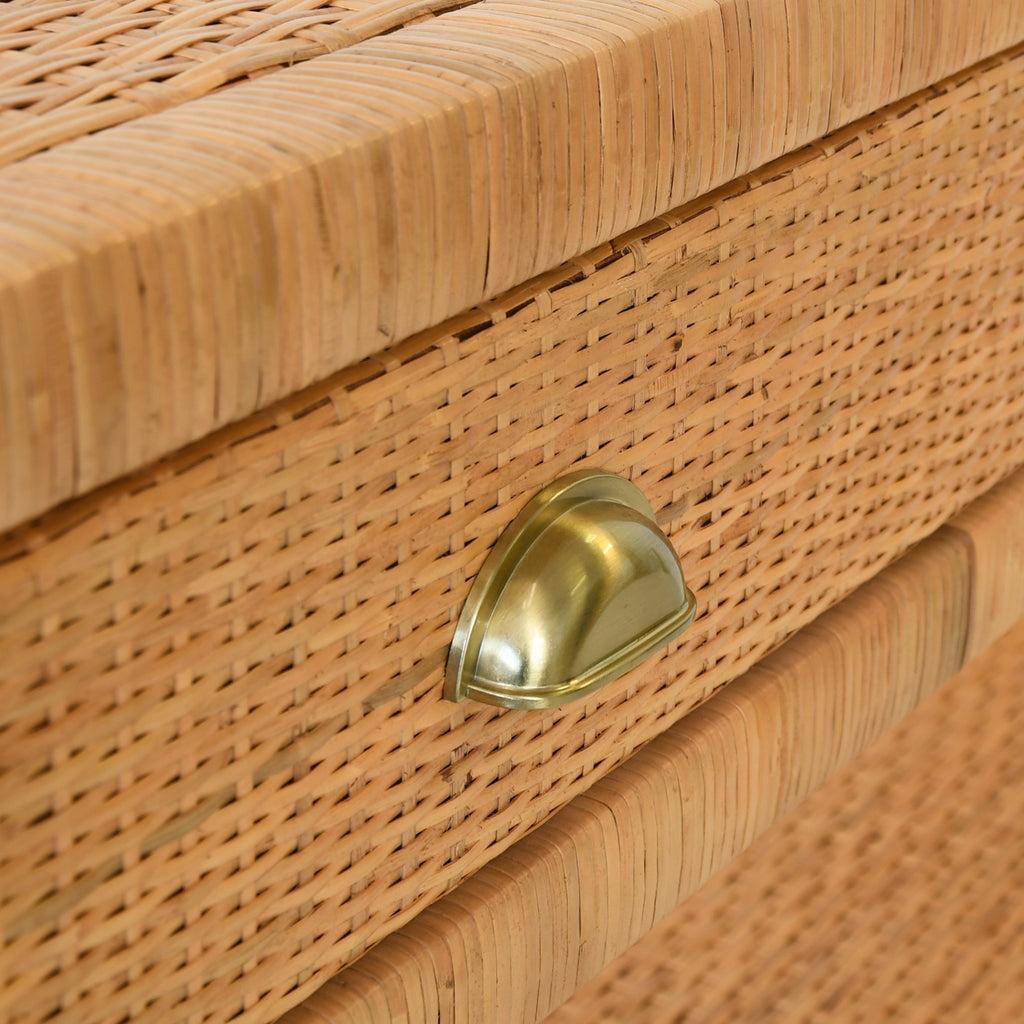 One Drawer End Table In Rattan With Brushed Brass Cup Pull