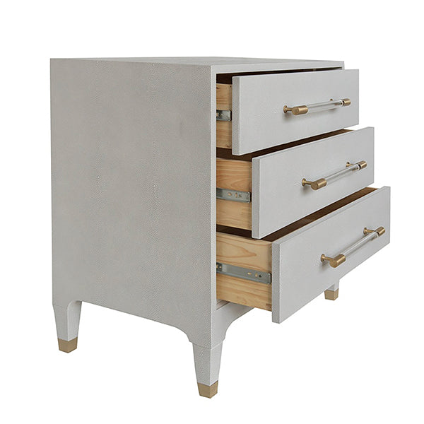 Three Drawer Side Table With Antique Brass And Acrylic Hardware