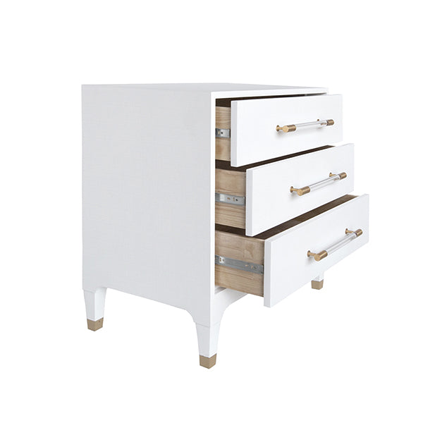 Three Drawer Side Table With Antique Brass And Acrylic Hardware