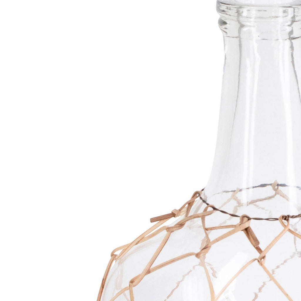 Anka 11" Diameter Clear Glass Bottle Shaped Decorative Bottle with Bamboo Strip Webbing, 20" Tall