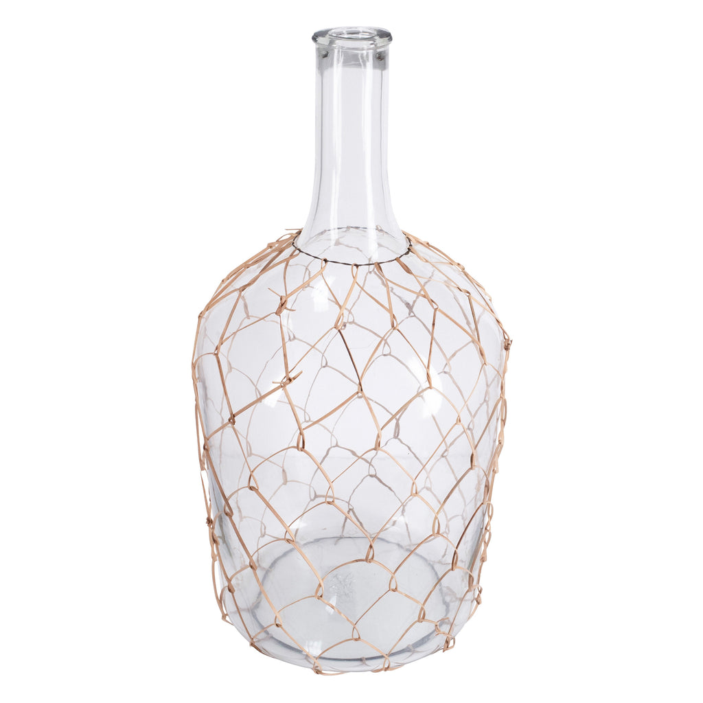 Anka 11" Diameter Clear Glass Bottle Shaped Decorative Bottle with Bamboo Strip Webbing, 20" Tall