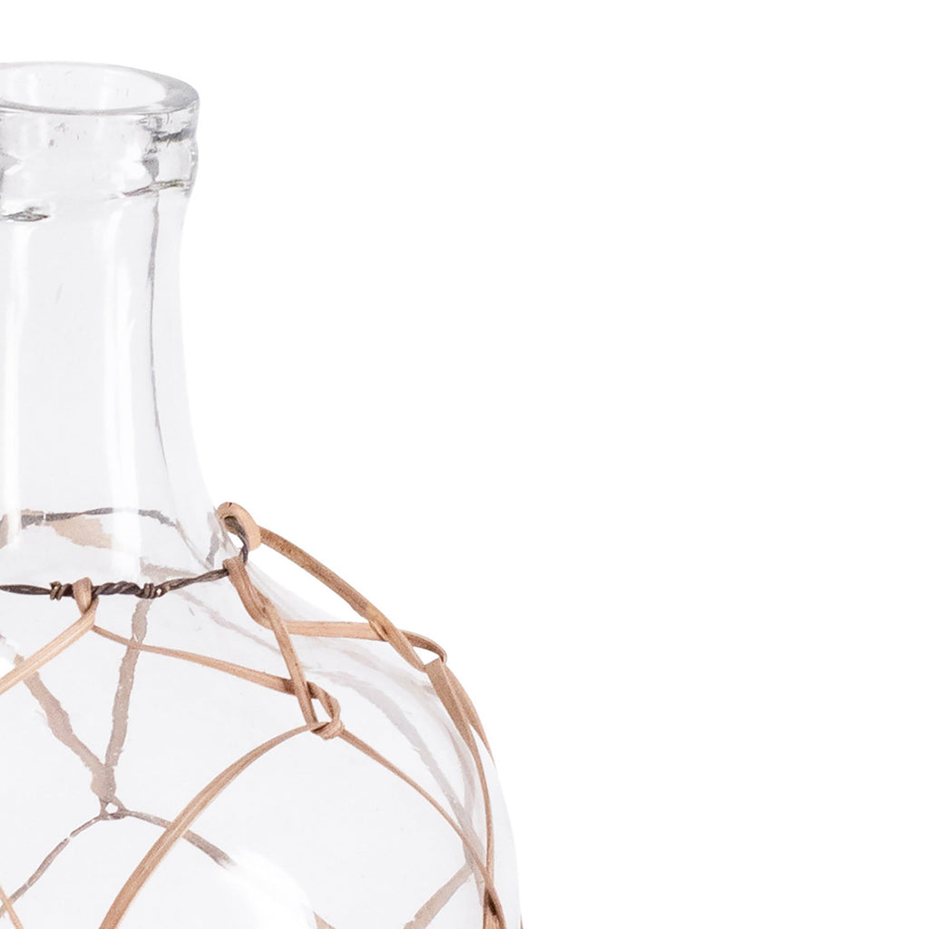 Anka 6" Diameter Clear Glass Goard Shaped Decorative Bottle with Bamboo Strip Webbing, Set of 2