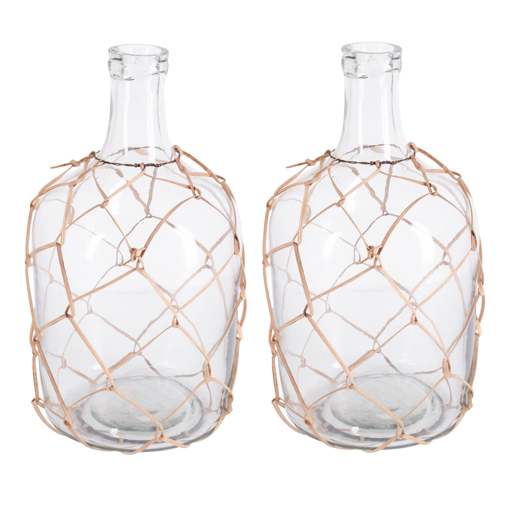 Anka 6" Diameter Clear Glass Goard Shaped Decorative Bottle with Bamboo Strip Webbing, Set of 2