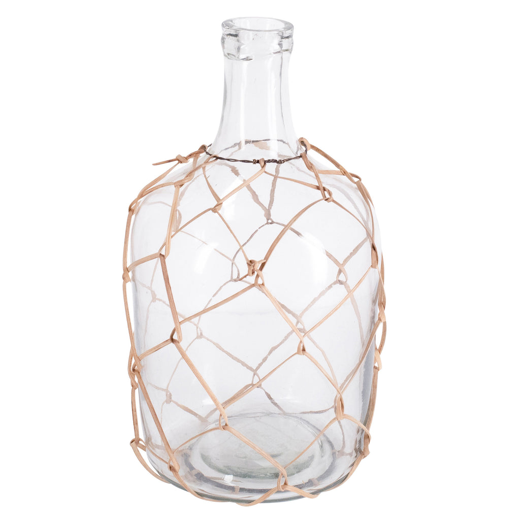 Anka 6" Diameter Clear Glass Goard Shaped Decorative Bottle with Bamboo Strip Webbing, Set of 2