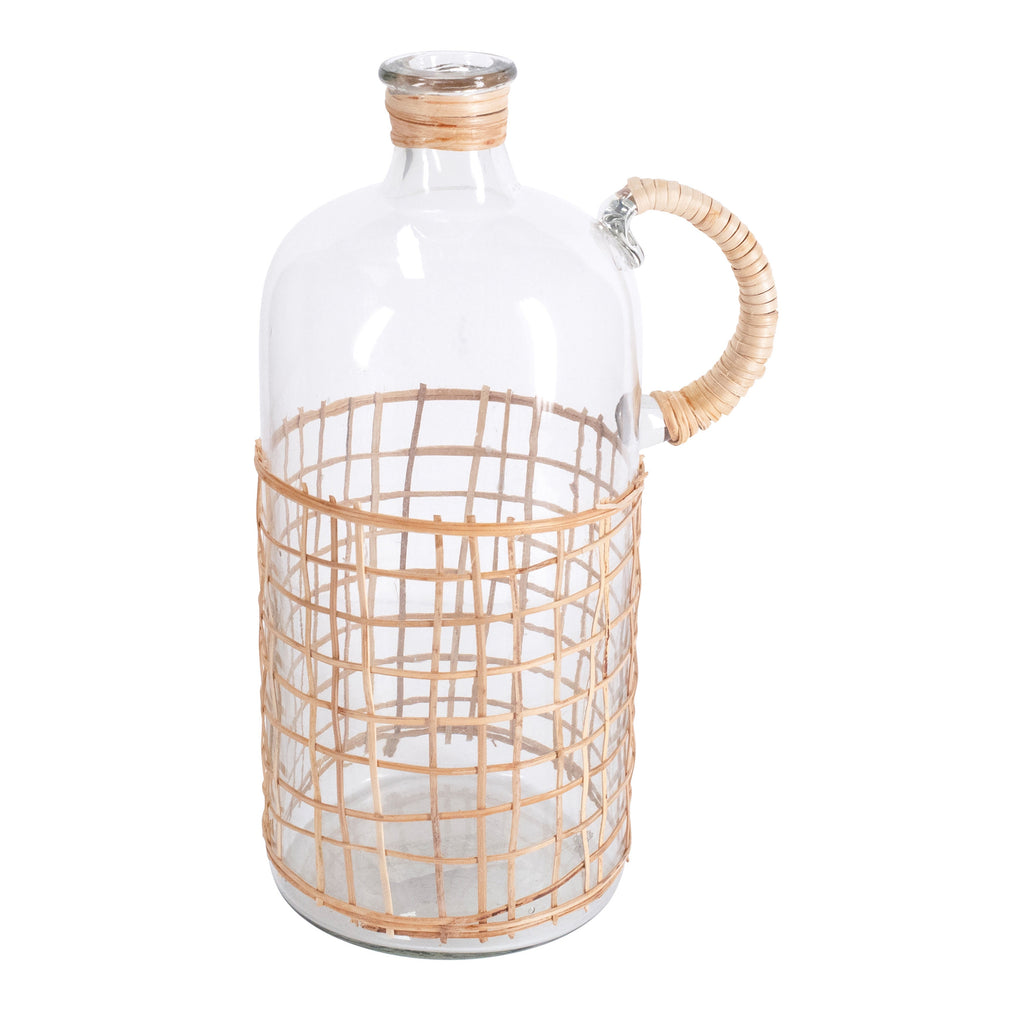 Anka Clear Glass Bottle Shaped Decorative Vase with Bamboo Strip Webbing, 12" Tall