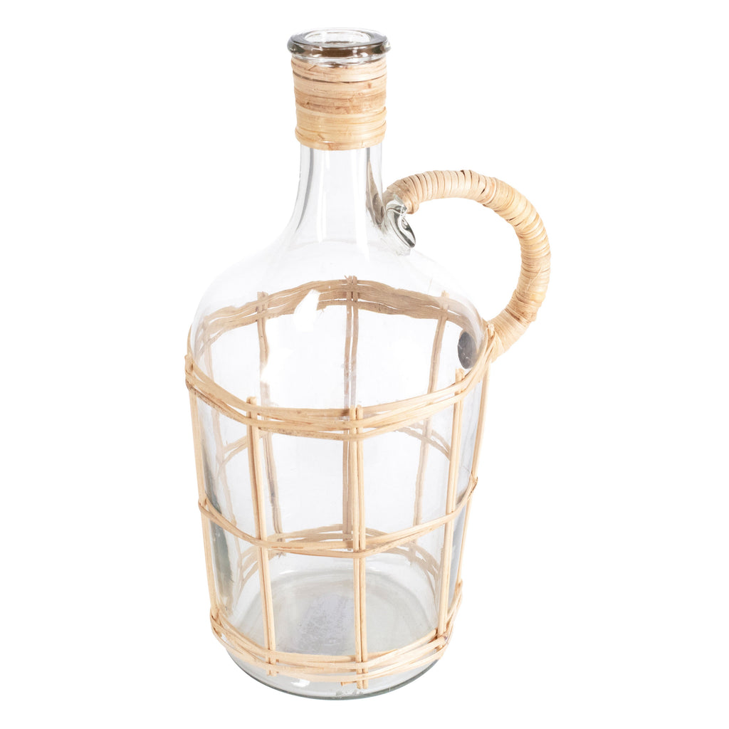 Anka Clear Glass Bottle Shaped Tapered Neck Decorative Vase with Bamboo Strip Webbing, 14" Tall