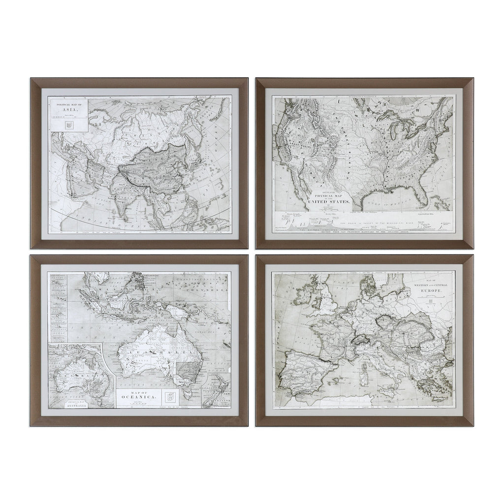 World Maps Framed Prints, Set of 4