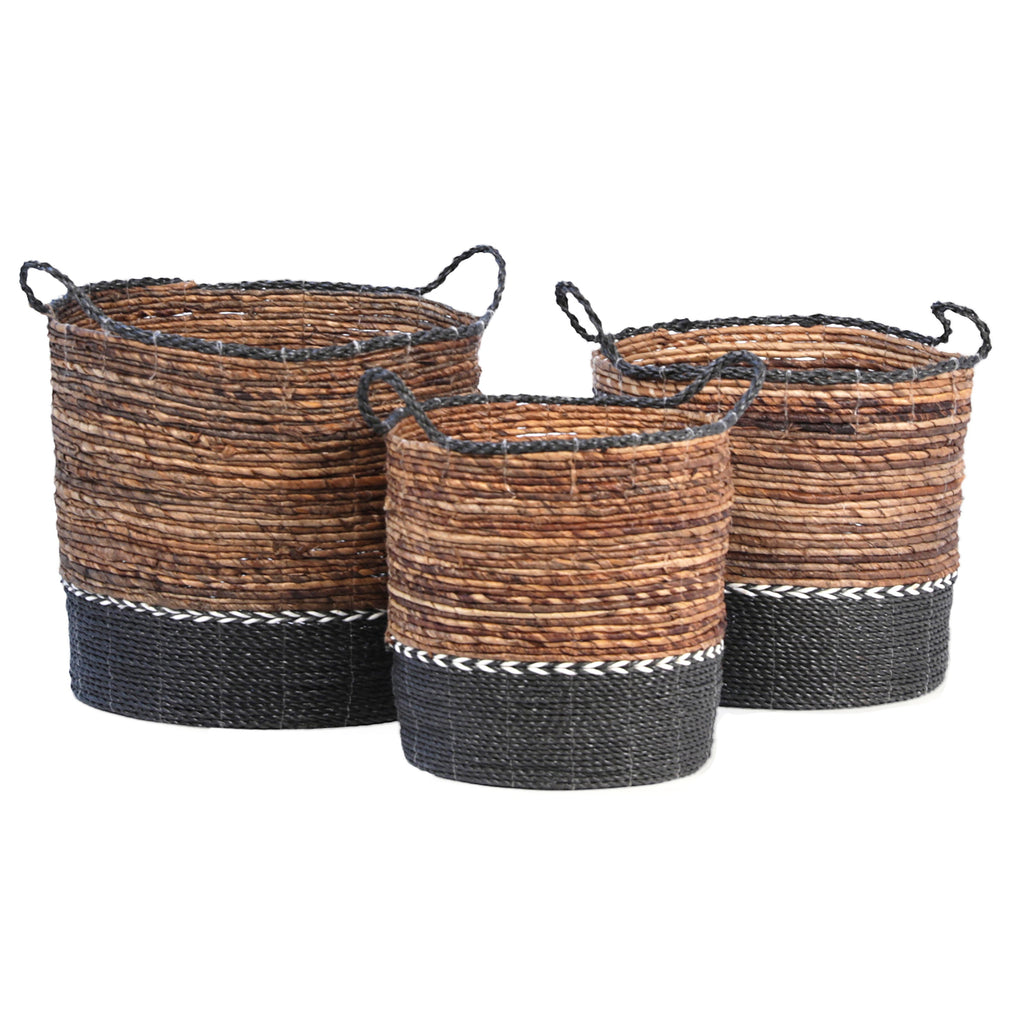 Milo Natural Banana Stalk Nested Woven Baskets with White and Black Accents, Set of 3