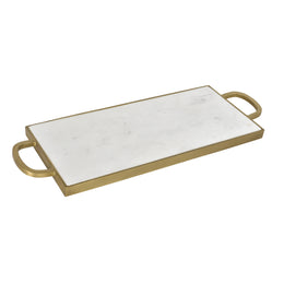 Fendre White Banswara Marble and Brass Finished Iron Handled Tray