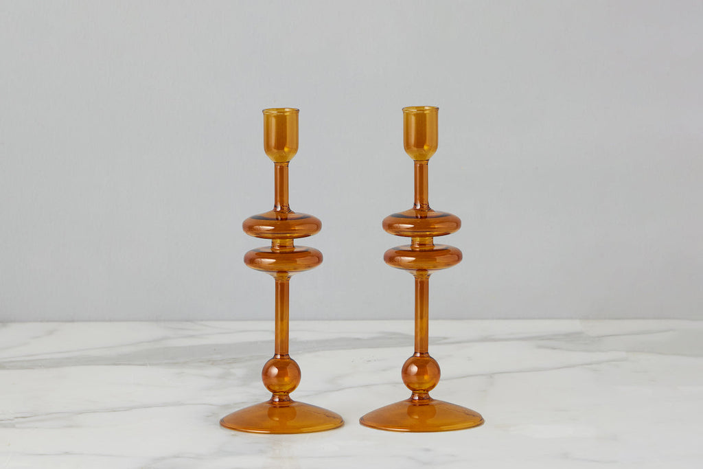 Amber Glass Candlestick Pair