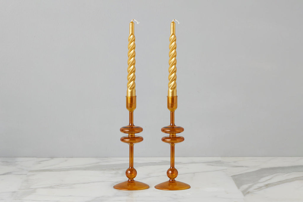 Amber Glass Candlestick Pair