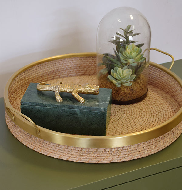 Round Natural Rattan Tray With Brass Rim And Handles