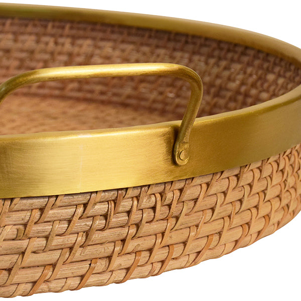 Round Natural Rattan Tray With Brass Rim And Handles