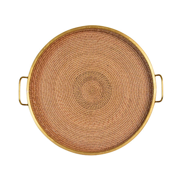 Round Natural Rattan Tray With Brass Rim And Handles