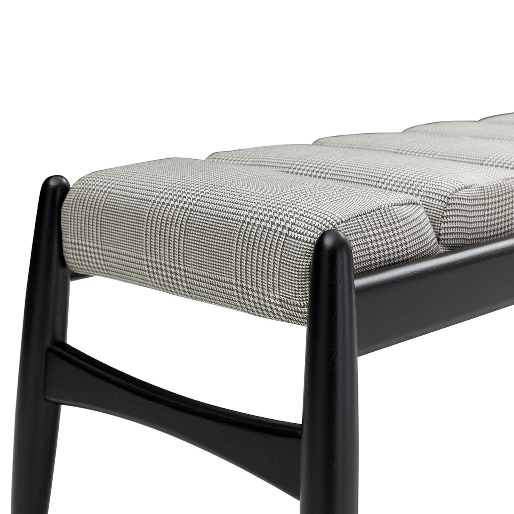 Wave Bench in Black Color Wood Finish and Plaid Fabric