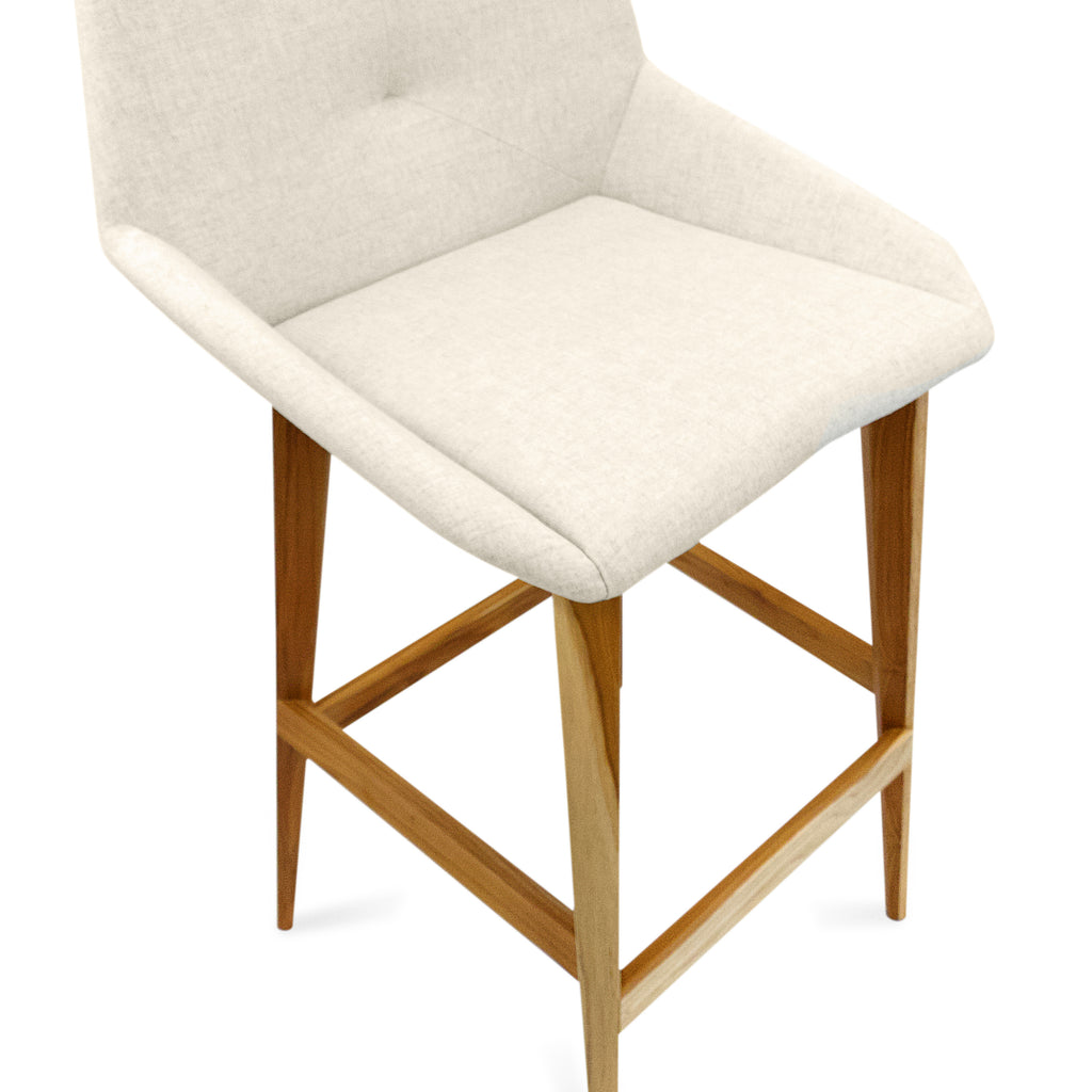 Geometric Cubi Bar Stool Bawith Teak Base and Oatmeal Fabric Seat