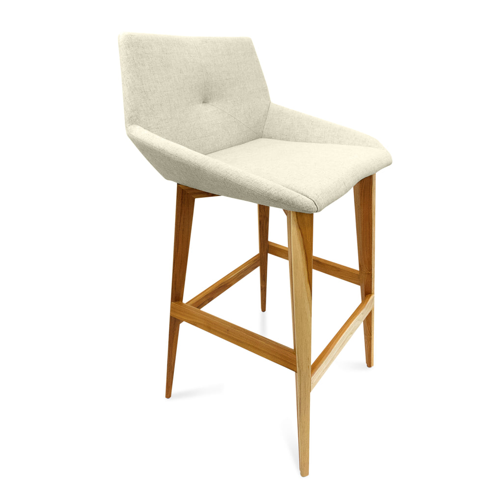 Geometric Cubi Bar Stool Bawith Teak Base and Oatmeal Fabric Seat