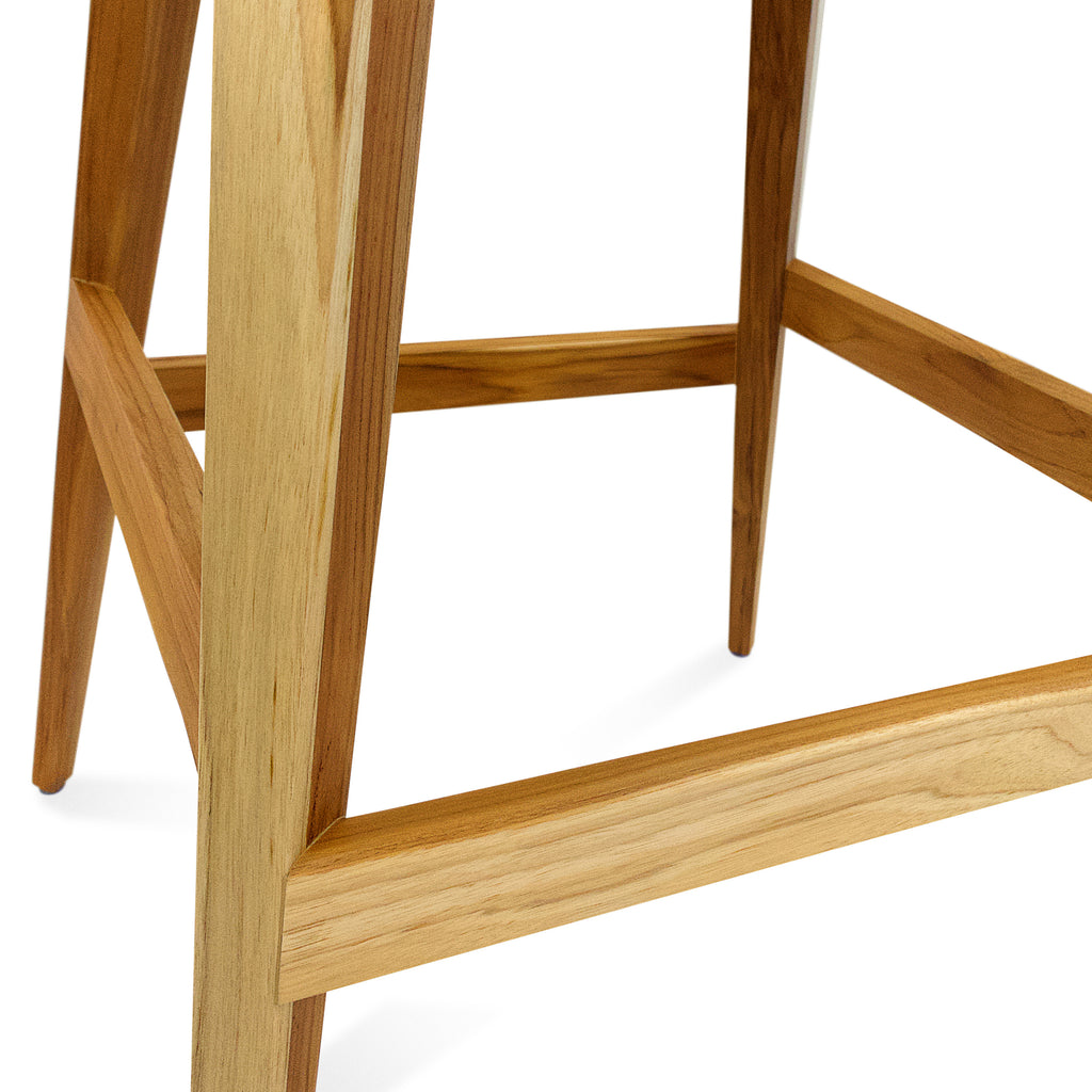 Geometric Cubi Bar Stool Bawith Teak Base and Oatmeal Fabric Seat