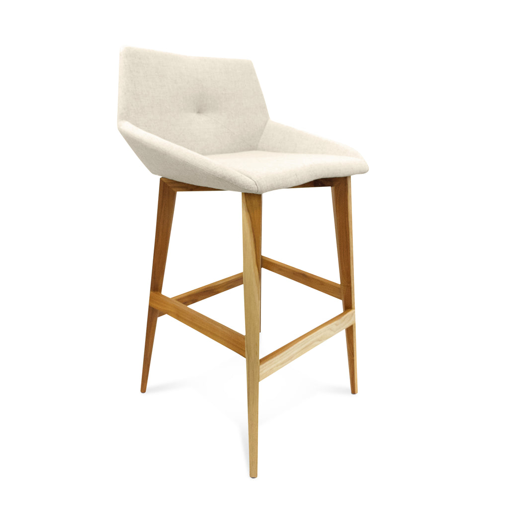 Geometric Cubi Bar Stool Bawith Teak Base and Oatmeal Fabric Seat