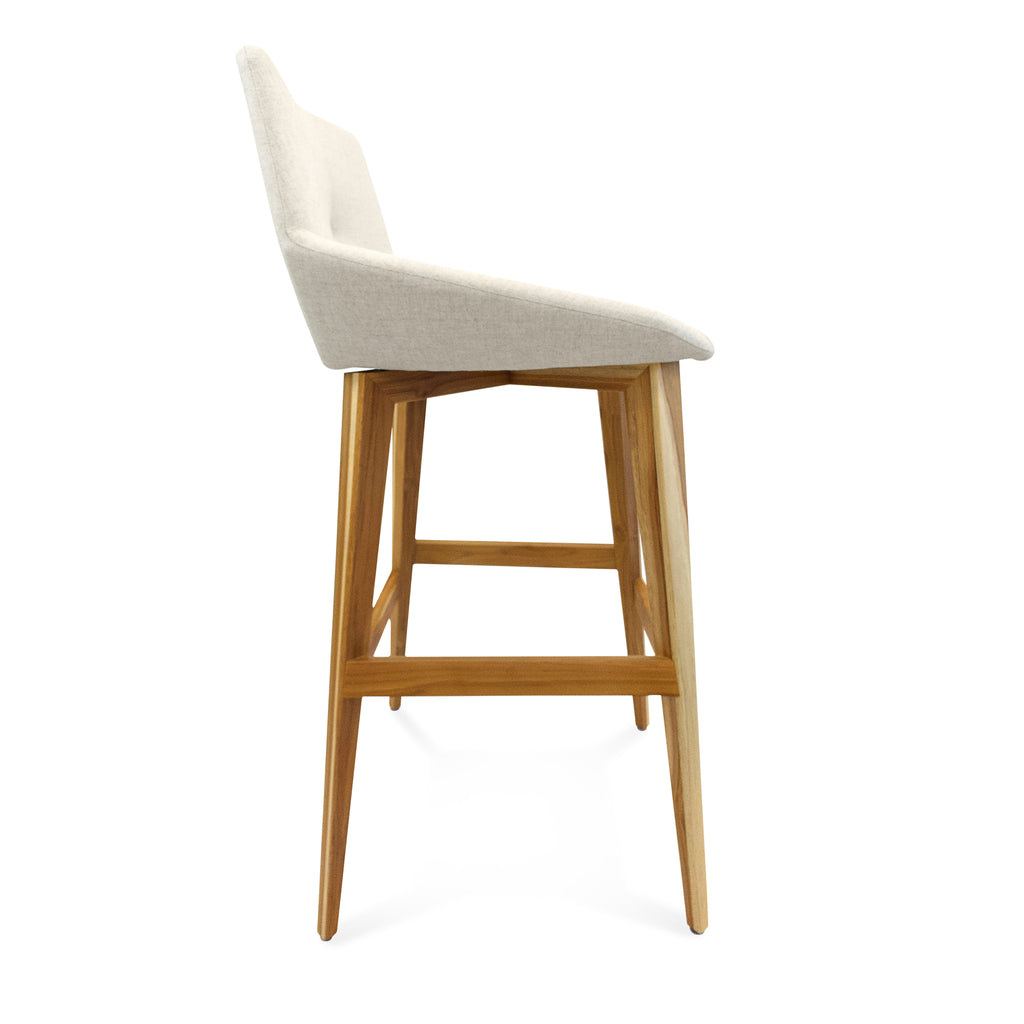 Geometric Cubi Bar Stool Bawith Teak Base and Oatmeal Fabric Seat