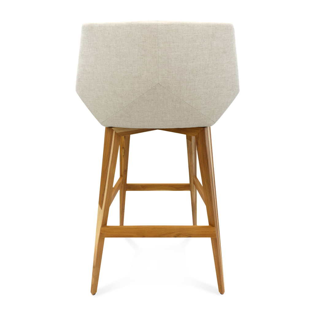 Geometric Cubi Bar Stool Bawith Teak Base and Oatmeal Fabric Seat