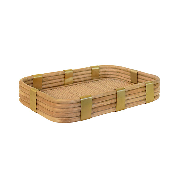 Rectangular Natural Rattan Tray With Brass Rim And Rounded Corners