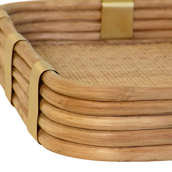 Rectangular Natural Rattan Tray With Brass Rim And Rounded Corners