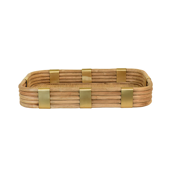 Rectangular Natural Rattan Tray With Brass Rim And Rounded Corners