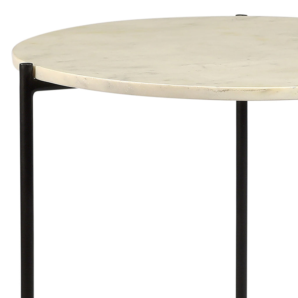 Velta 18" Round White Marble and Black Iron Side Table