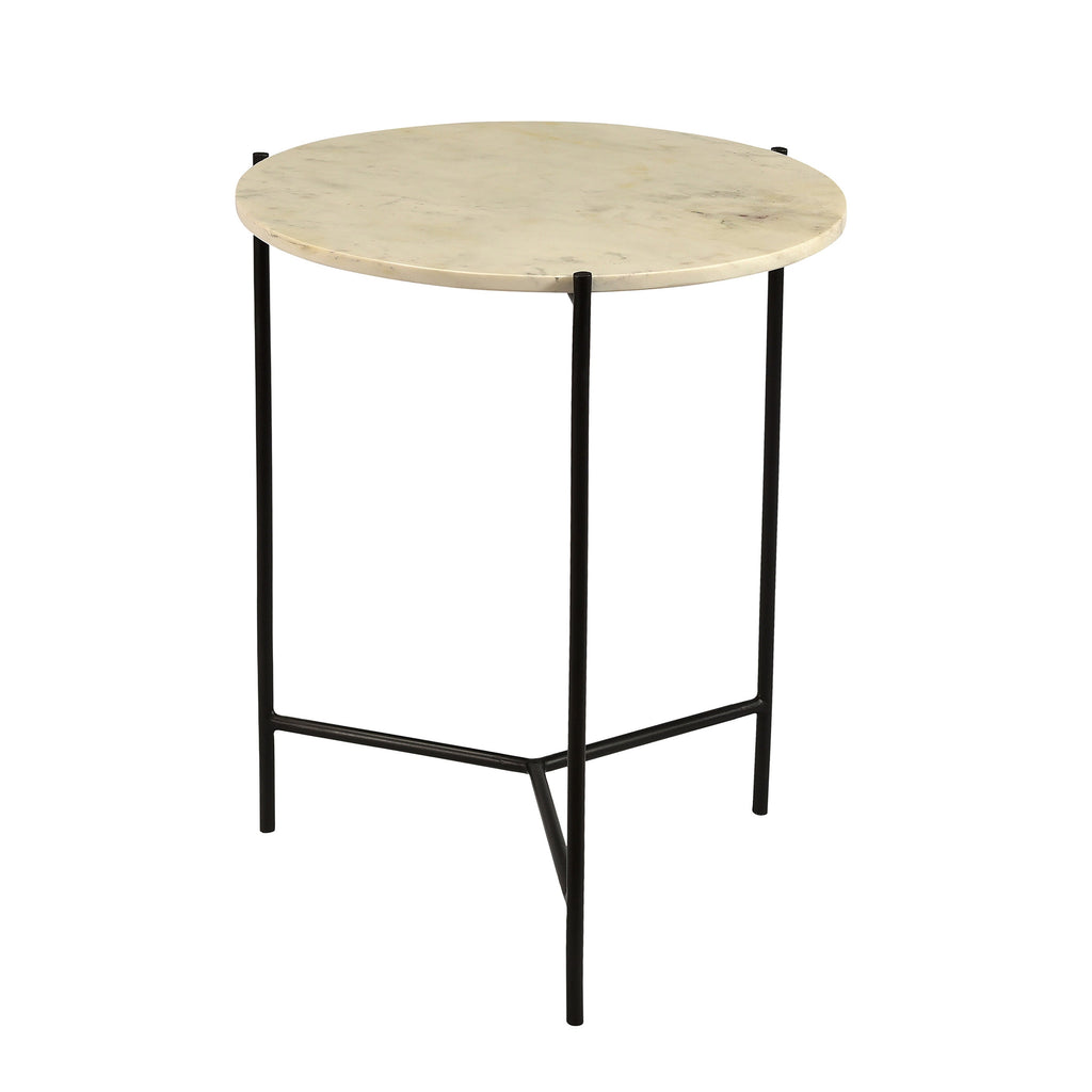 Velta 18" Round White Marble and Black Iron Side Table