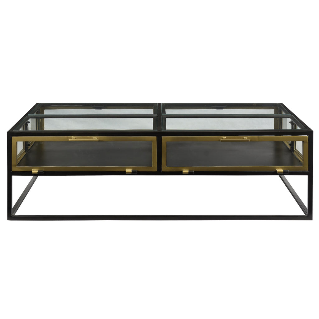 Brynlee 53" Rectangular Gunmetal and Brass Finished Iron and Glass Coffee Table