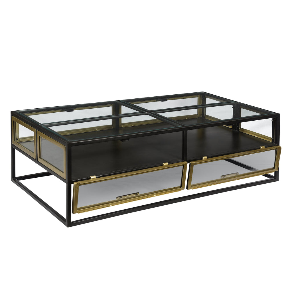 Brynlee 53" Rectangular Gunmetal and Brass Finished Iron and Glass Coffee Table
